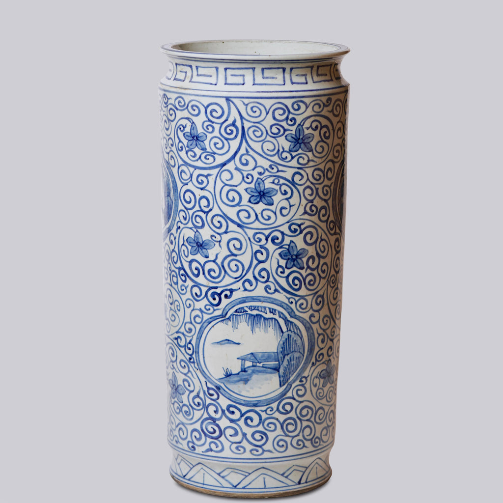 Tall Blue and White Landscape Porcelain Umbrella Stand