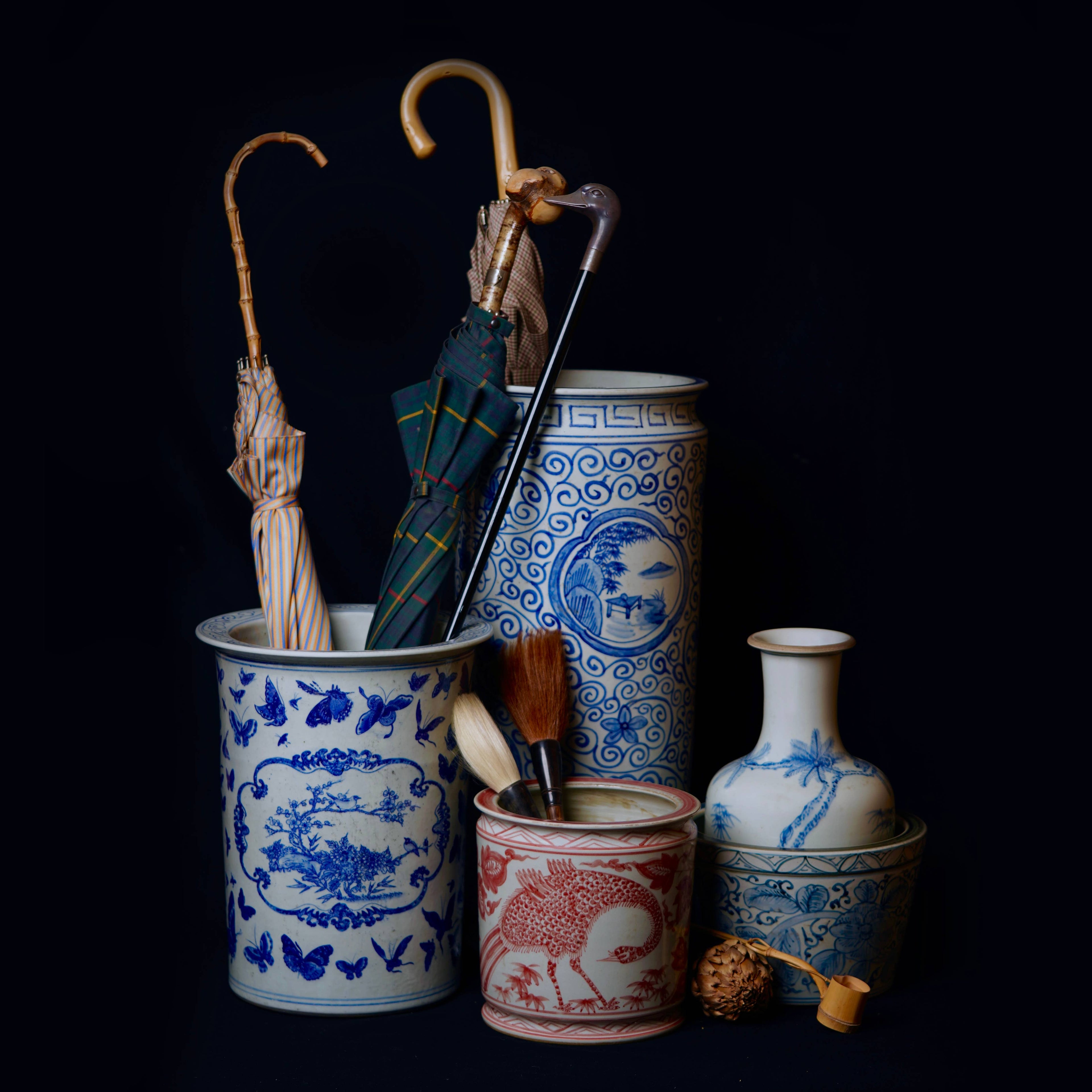 Tall Blue and White Landscape Porcelain Umbrella Stand