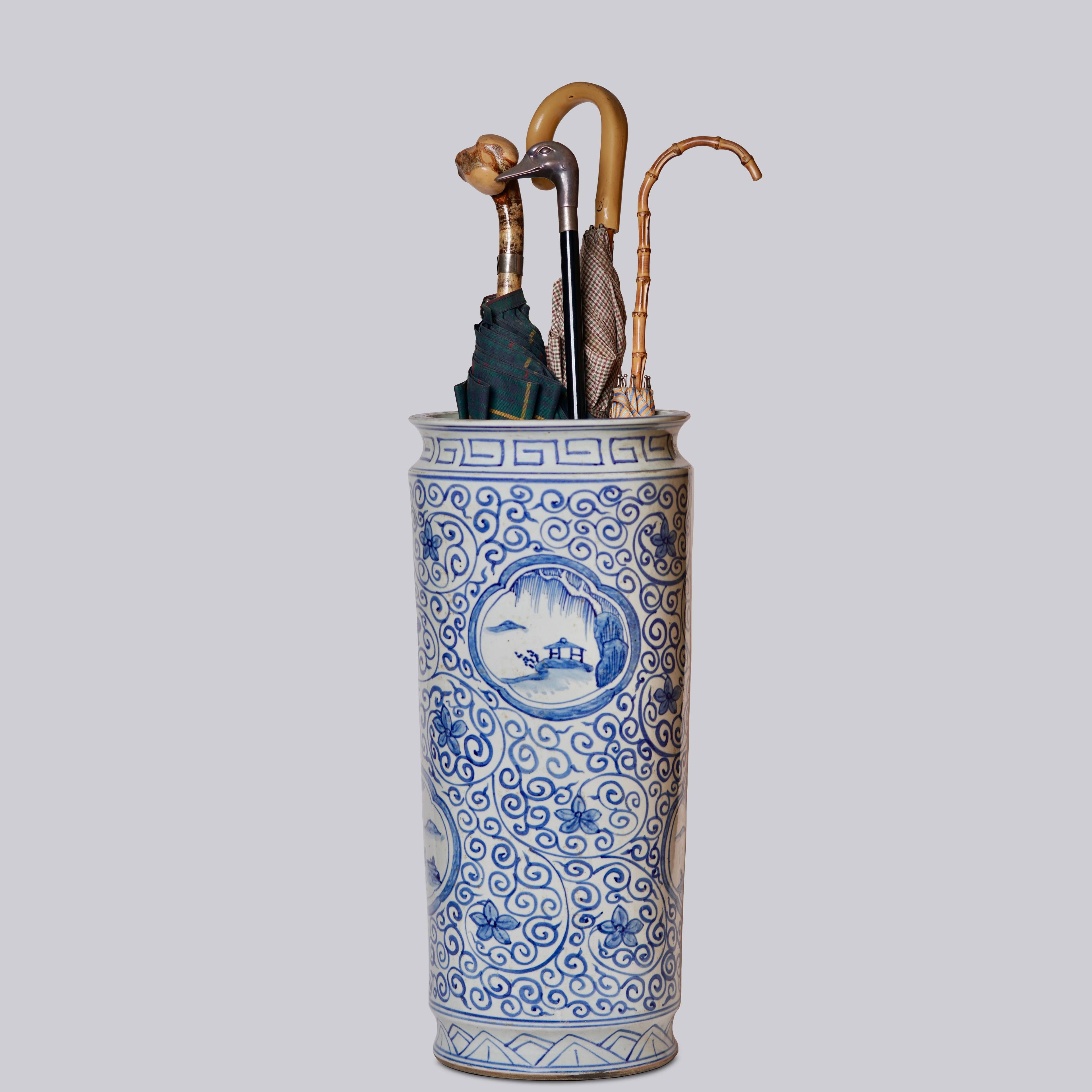Tall Blue and White Landscape Porcelain Umbrella Stand