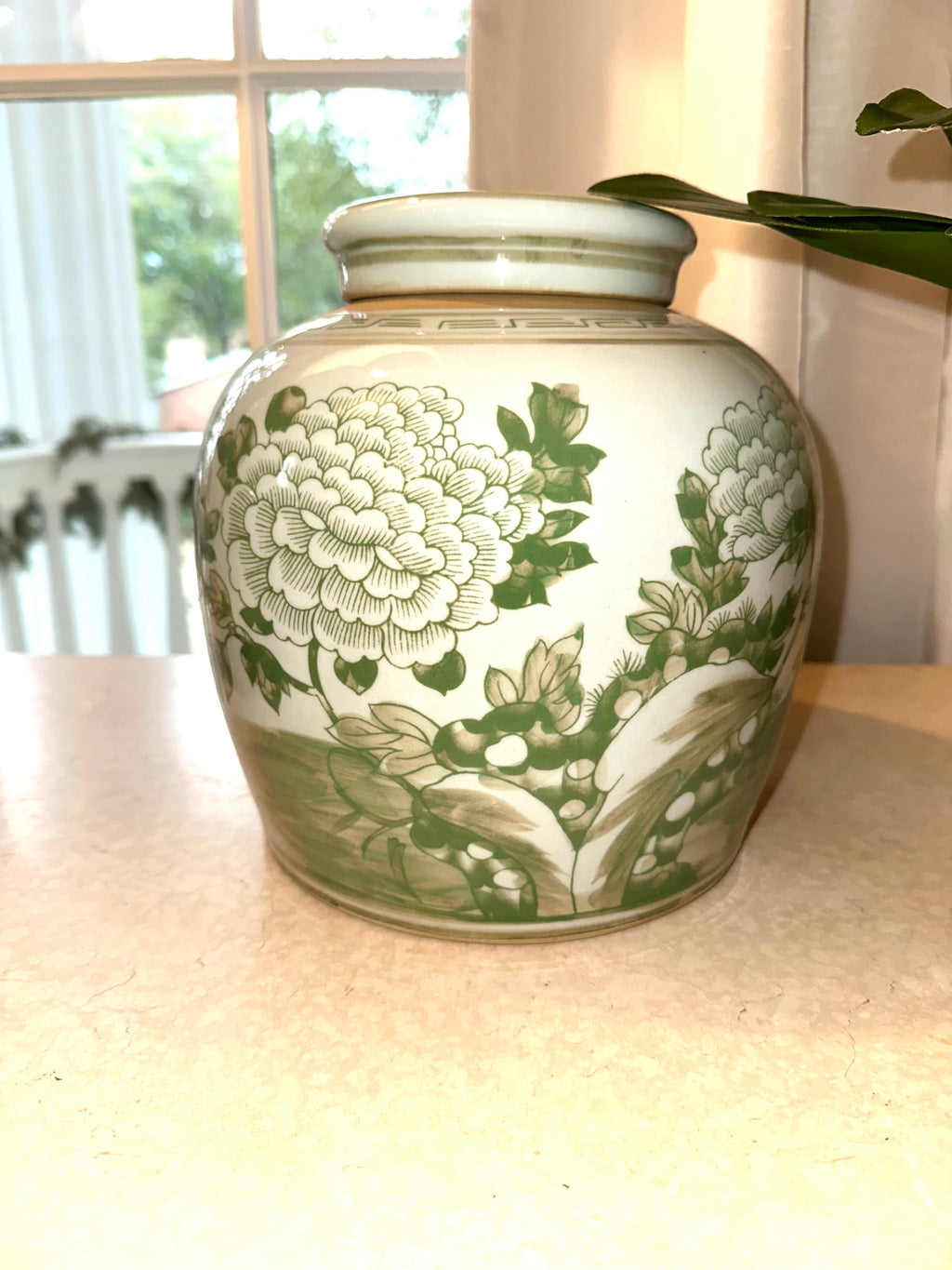 Peony Landscape Green and White Porcelain Jar