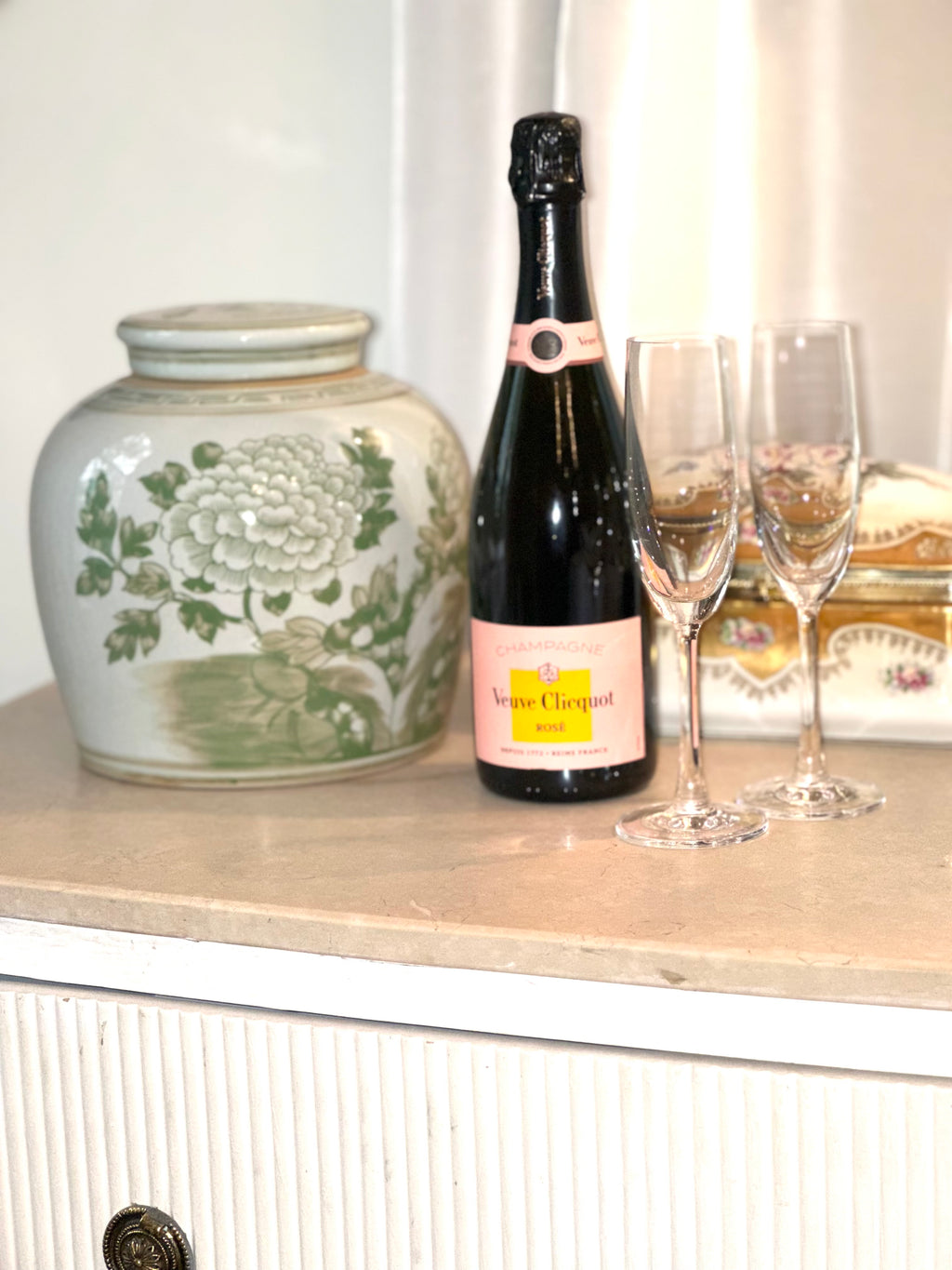 Peony Landscape Green and White Porcelain Jar