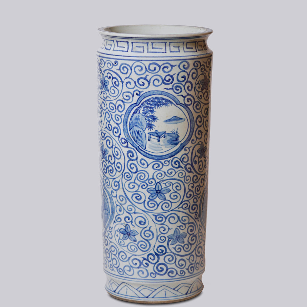 Tall Blue and White Landscape Porcelain Umbrella Stand