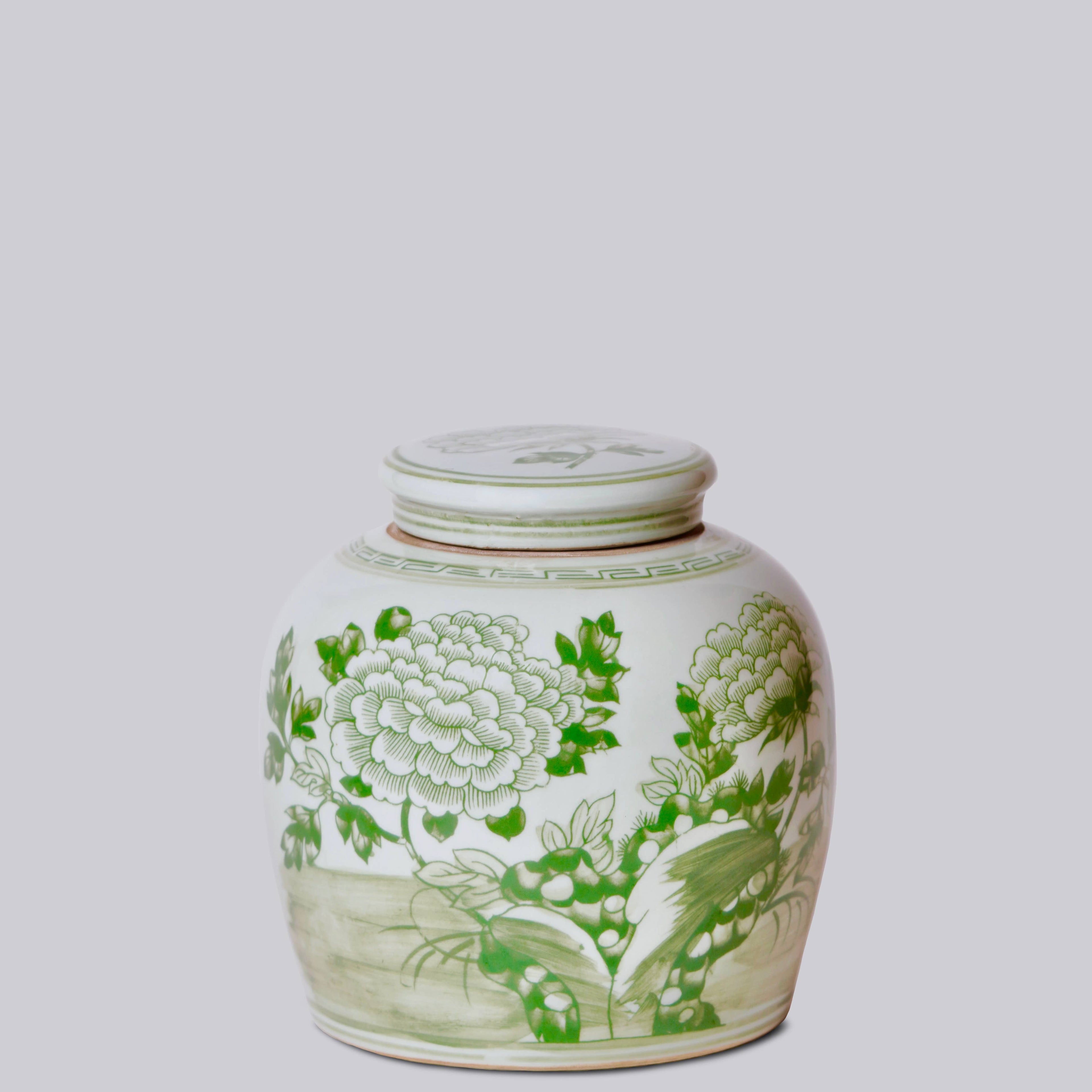Peony Landscape Green and White Porcelain Jar