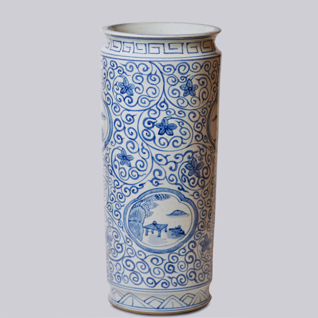 Tall Blue and White Landscape Porcelain Umbrella Stand