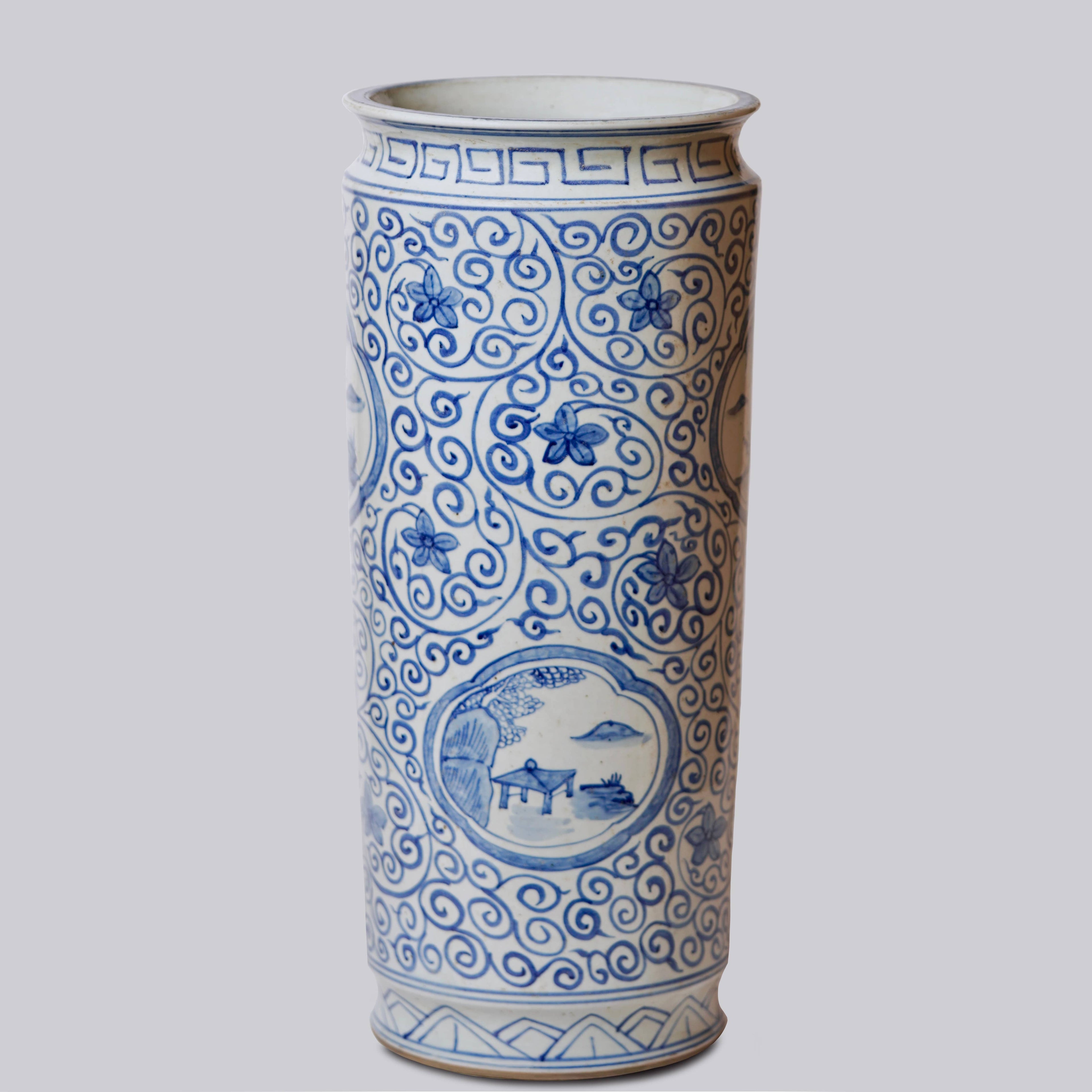 Tall Blue and White Landscape Porcelain Umbrella Stand